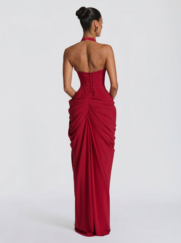 Vestido de invitada de boda largo halter, con abertura elegante, para mujer.