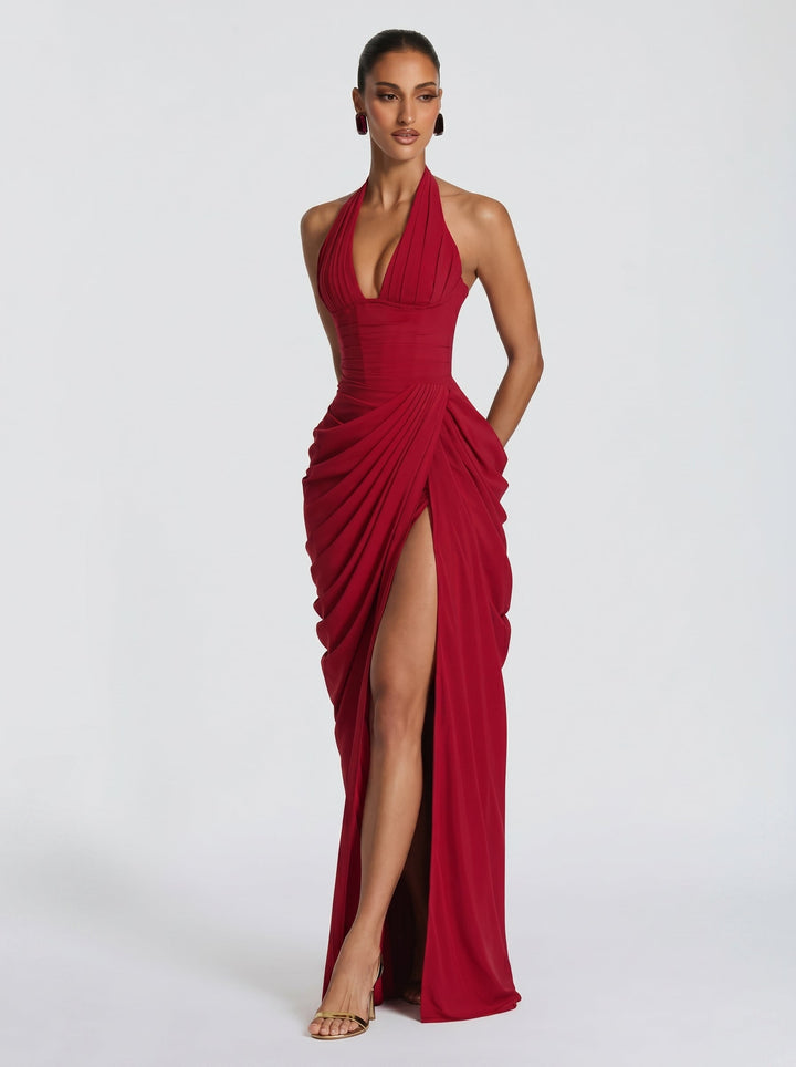Elegante vestido largo halter para mujer, perfecto para fiestas, bodas y ceremonias.