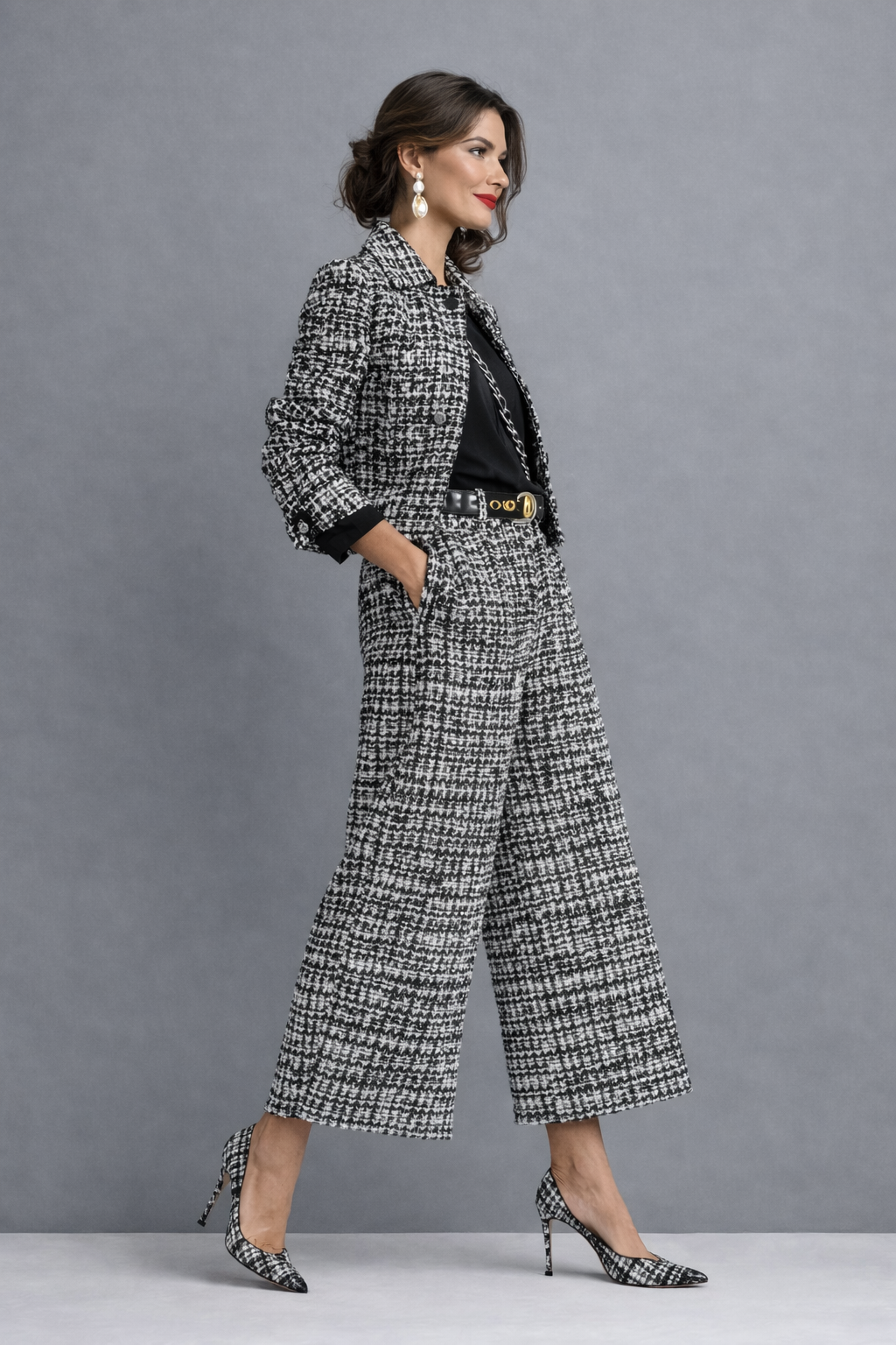 Ropa mujer: Conjunto tweed elegante con chaqueta corta y pantalón palazzo. Perfecto para look formal y de oficina.