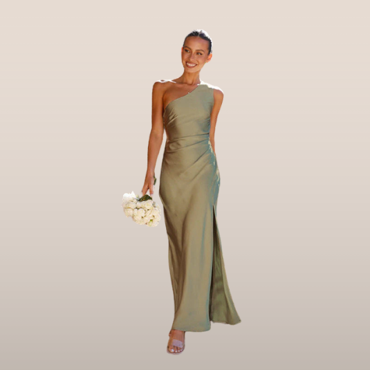 Moda mujer: Vestido de gala con un hombro y abertura lateral. Vestido largo y elegante para eventos formales.