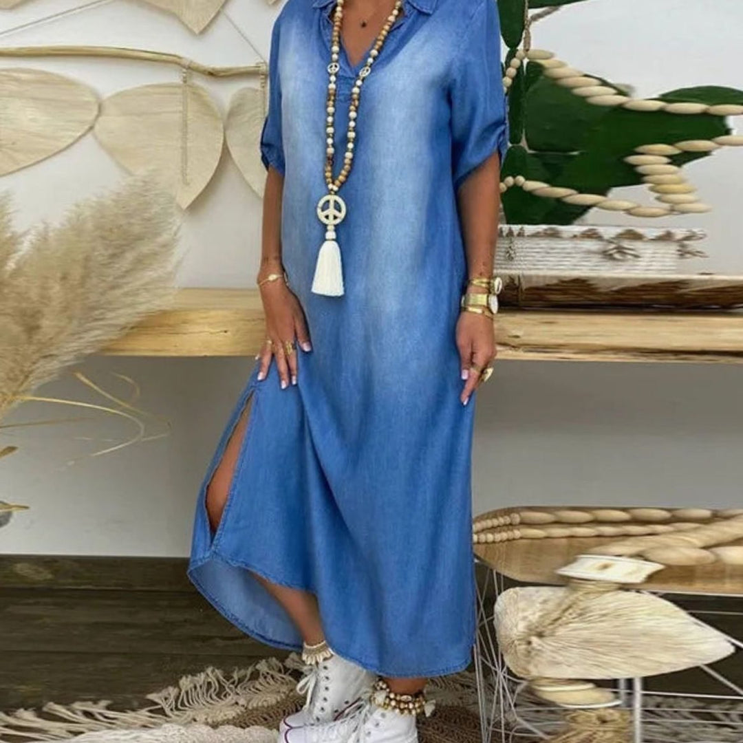 Vestido largo estilo camisero para mujer, con efecto vaquero y aberturas. Ropa femenina casual y relajada para verano.