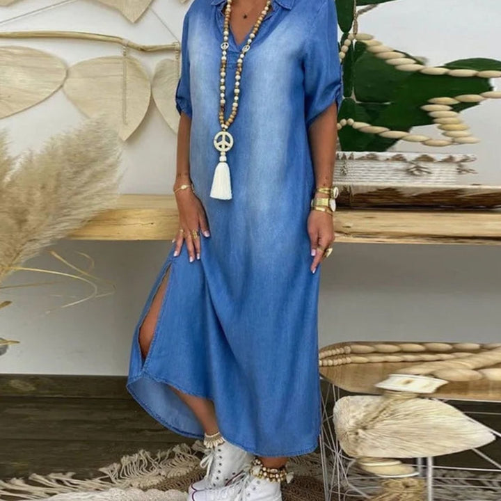 Vestido largo estilo camisero para mujer, con efecto vaquero y aberturas. Ropa femenina casual y relajada para verano.