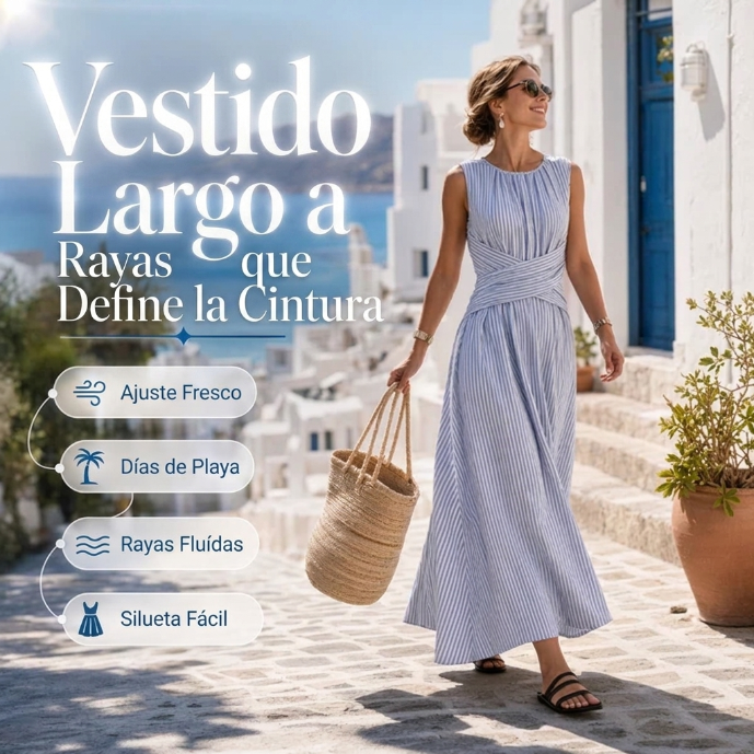 Vestido de rayas para mujer, con elegante cintura cruzada. Ideal para estilo casual de verano.