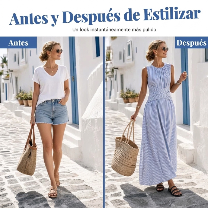 Elegante vestido de rayas con cintura cruzada para mujer. Perfecto para ocasiones de verano.