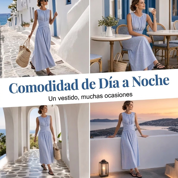 Vestido de rayas con diseño de cintura cruzada, estilo fluido y moderno para mujer.