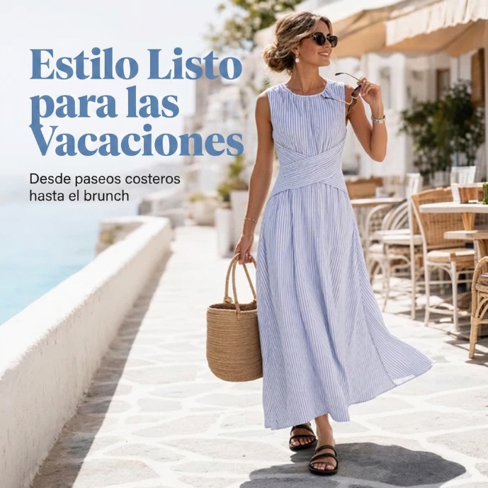 Vestido casual elegante de rayas para mujer, con detalle de cintura cruzada.