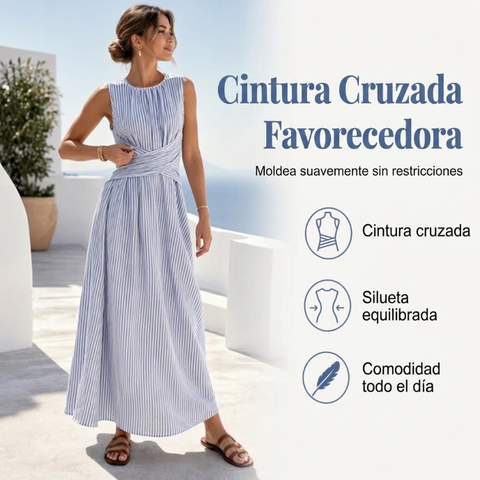Vestido fresco de rayas para mujer, cintura cruzada, cómodo y chic, ideal para el verano.
