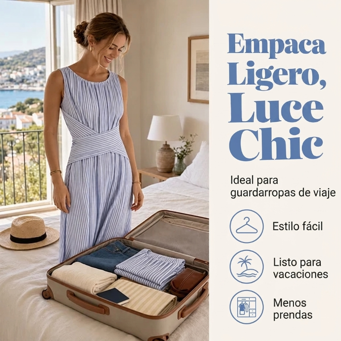 Vestido de verano de rayas, diseño moderno y cintura cruzada. Prenda fluida y femenina.