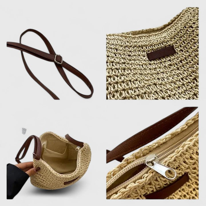 Primer plano del asa y cierre del bolso bandolera de rafia trenzada, toque de cuero para mujer.