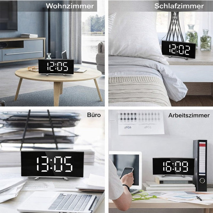 Reloj despertador digital LED curvo de espejo, ideal para mesita de noche en dormitorio o escritorio de oficina.