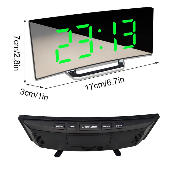 Reloj despertador LED digital curvo, multifuncional con espejo, para cualquier habitación del hogar u oficina.