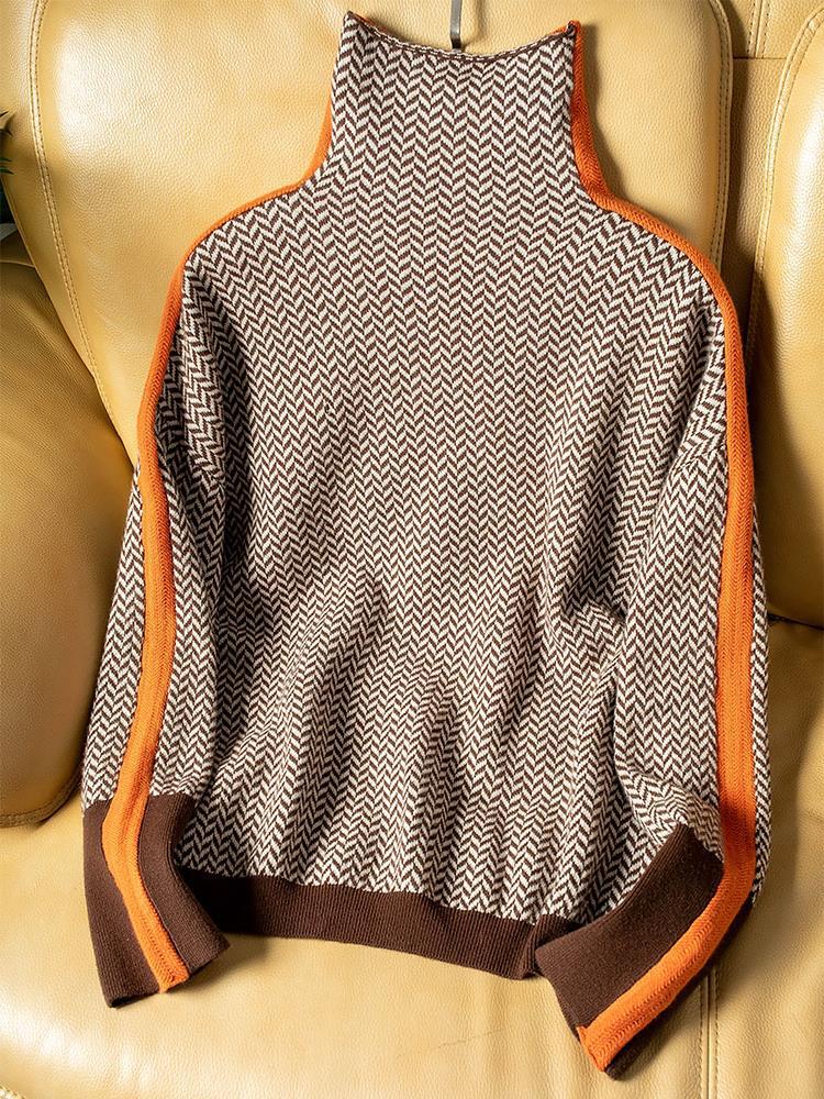 Elegante jersey de mujer moderno con patrón texturizado, cuello alto y detalle contraste, moda casual.