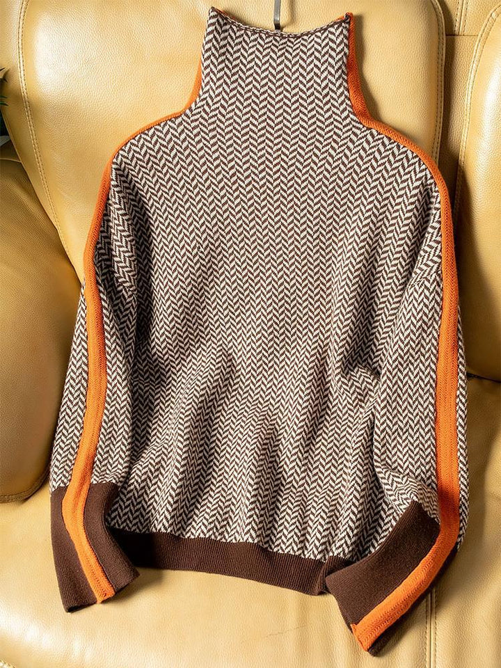 Elegante jersey de mujer moderno con patrón texturizado, cuello alto y detalle contraste, moda casual.