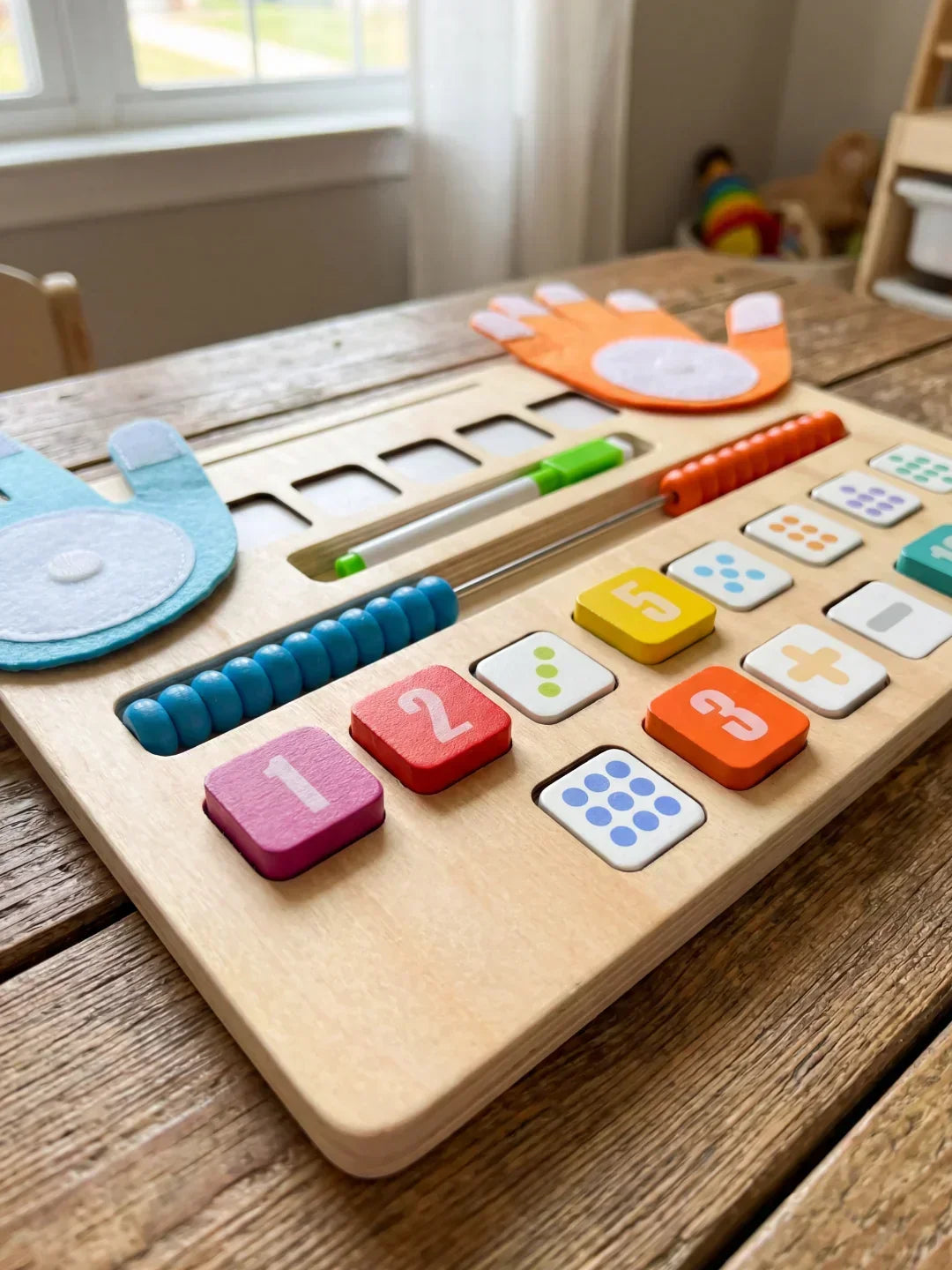 Niño jugando con juguete de madera didáctico de números. Aprendizaje de matemáticas y conteo interactivo preescolar.
