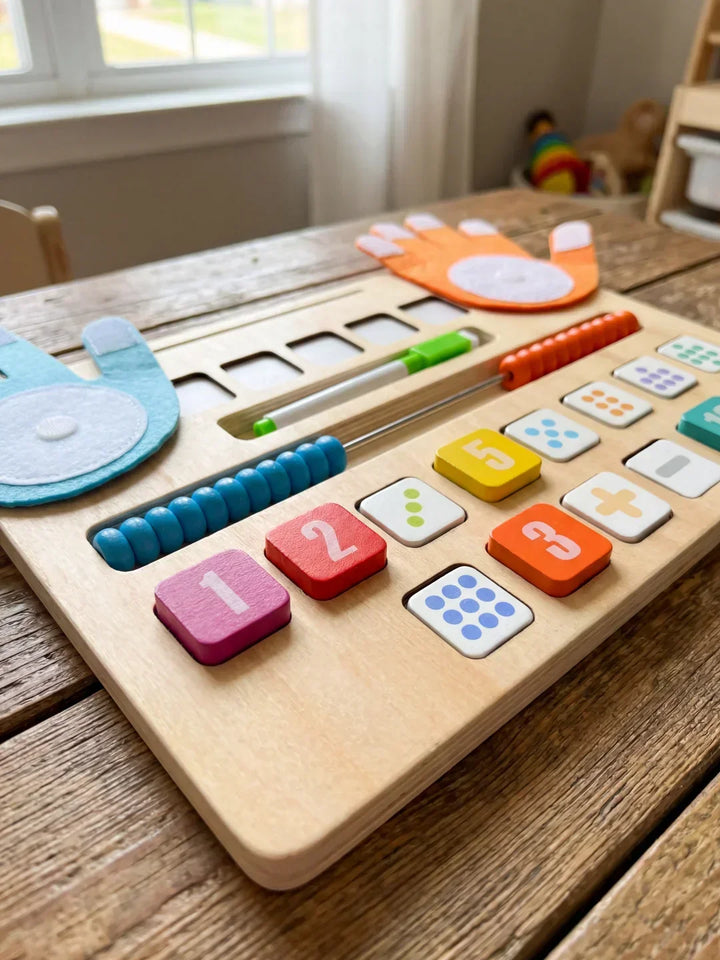 Niño jugando con juguete de madera didáctico de números. Aprendizaje de matemáticas y conteo interactivo preescolar.