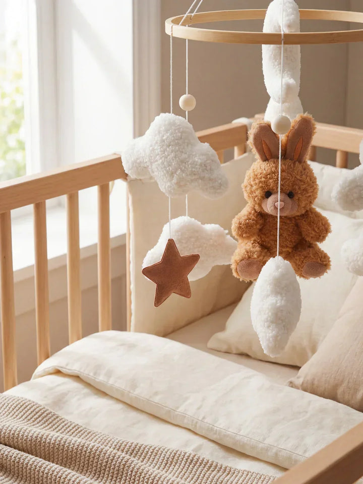 Decoración infantil con móvil de cuna de madera, estimulación natural.