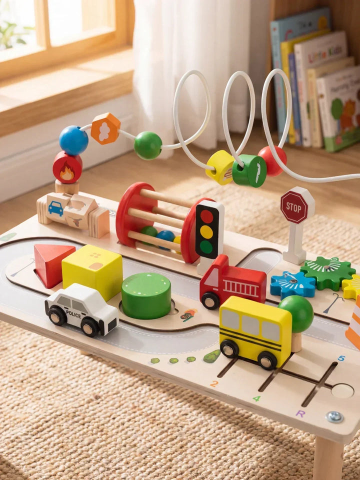 Mesa de actividades reversible de madera para niños, un espacio de juego didáctico con diseño de circuito de carreteras.