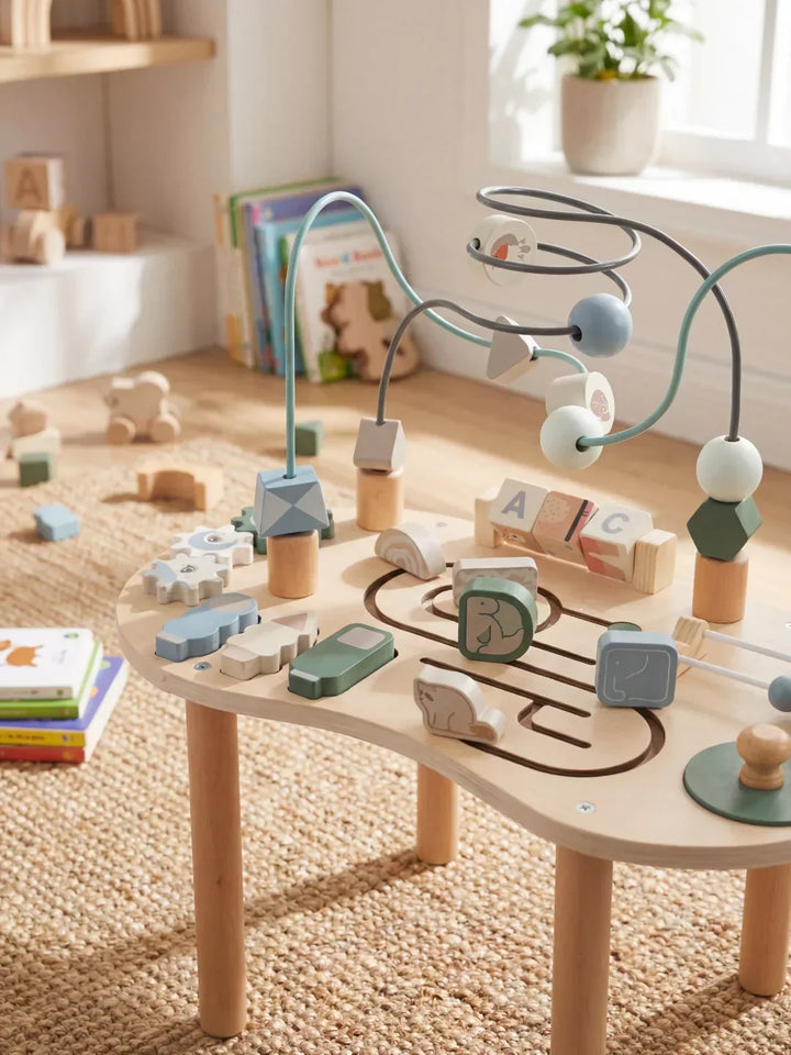 Mesa de actividades de madera con engranajes y laberintos para niños. Estimula motricidad y aprendizaje didáctico temprano.