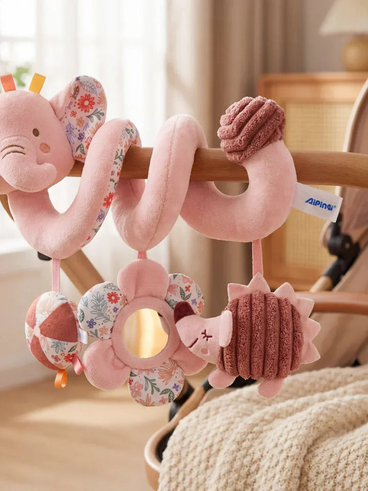 Espiral de actividades sensoriales para cuna, con sonajeros, texturas y espejos para bebés.