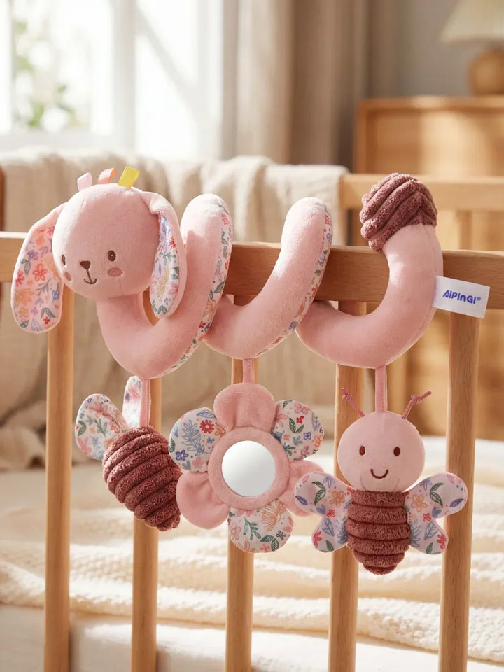 Juguete espiral didáctico para cuna, promueve el aprendizaje y la interacción sensorial del bebé.