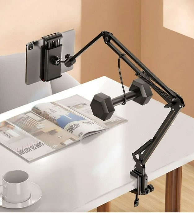 Soporte de escritorio universal para tablet con brazo ajustable. Mejora tu postura con giro 360° y manos libres.