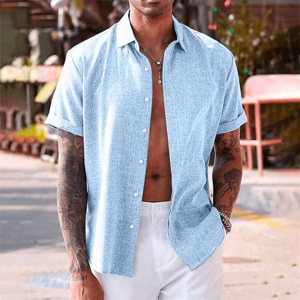 Camisa de algodón y lino para hombre, manga corta, transpirable, esencial para tu armario de primavera-verano.