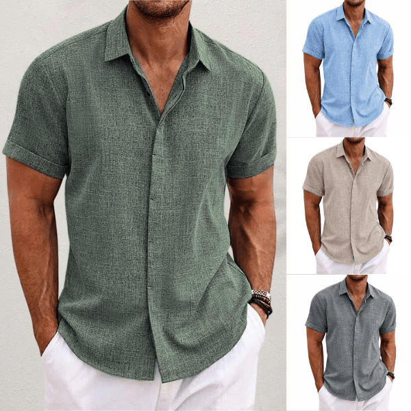 Camisa de hombre fresca y transpirable, de manga corta, en algodón y lino, ideal para vacaciones.