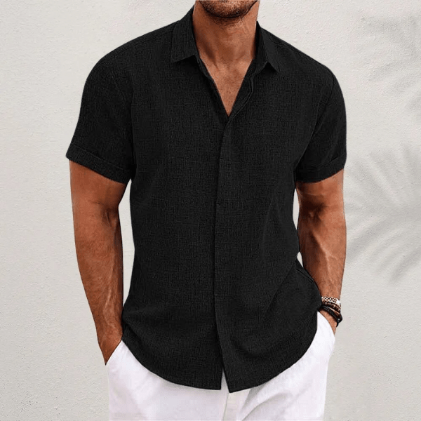Camisa de hombre, tejido algodón lino, manga corta, transpirable y cómoda para el calor del verano.
