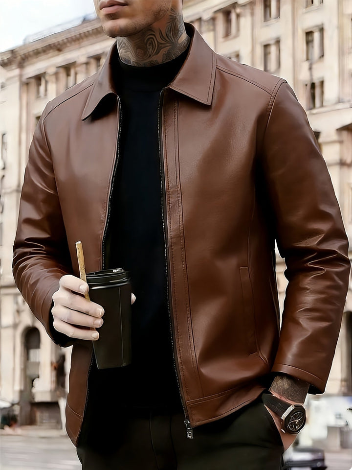 Cazadora de cuero motero para hombre, cremallera frontal, estilo urbano.