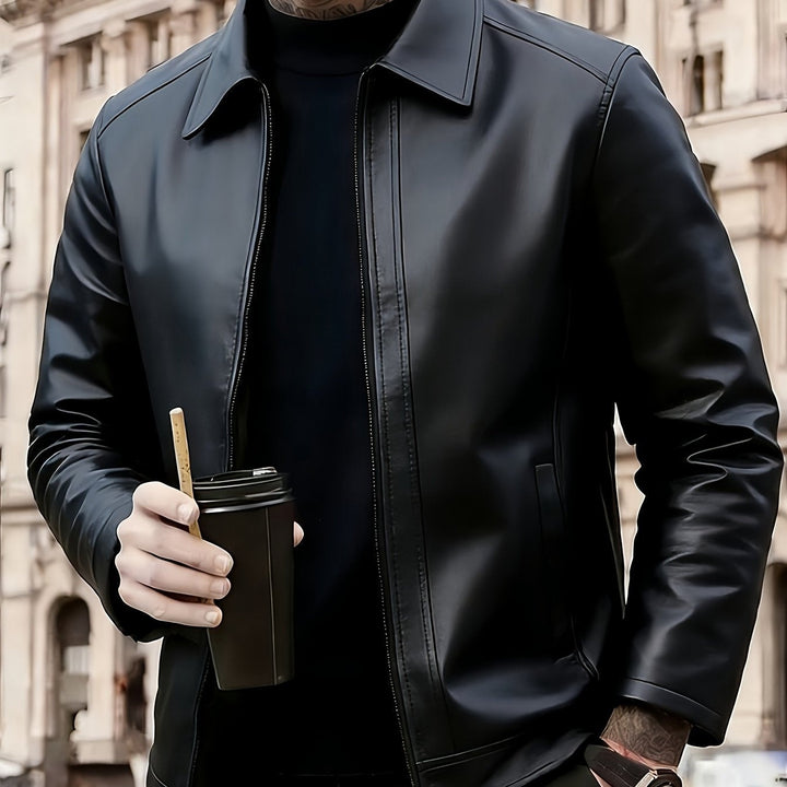 Cazadora de cuero liso para hombre, estilo motero con cremalleras metálicas, otoño.