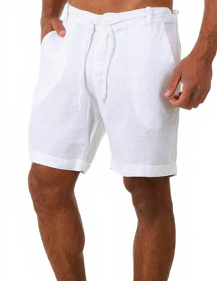 Pantalones cortos de lino azules para hombre, estilo veraniego y relajado.