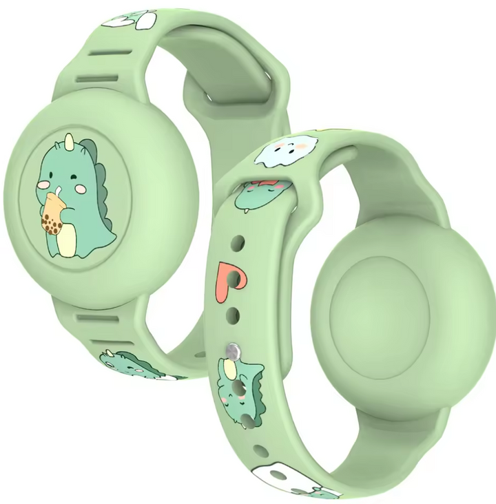 Pulsera Airtag de silicona para niños con diseño de dinosaurio. Rastreo seguro y cómodo para seguridad infantil.