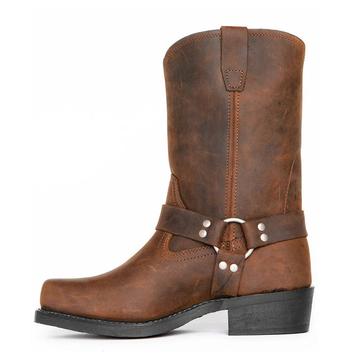 Botas cowboy de hombre en piel sintética con hebilla decorativa, estilo western y comodidad.