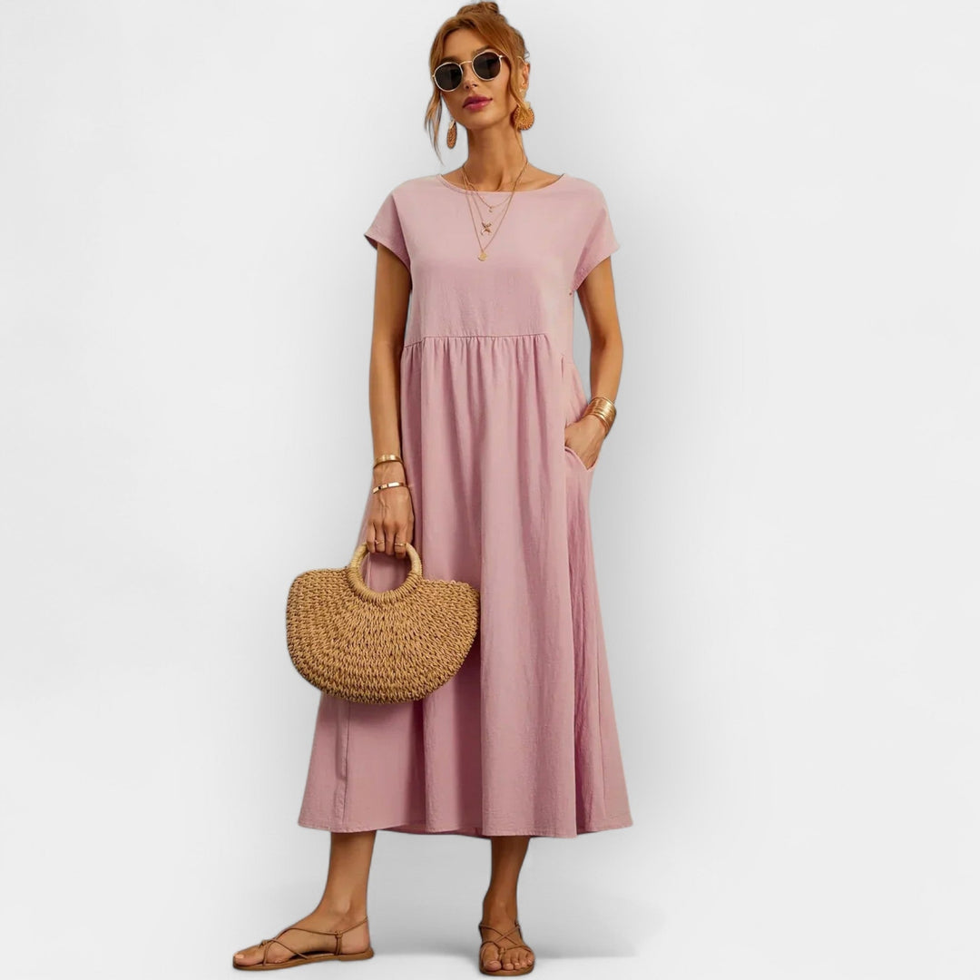 Vestido casual midi de verano, manga corta, para mujer, con bolsillos útiles y funcionales.