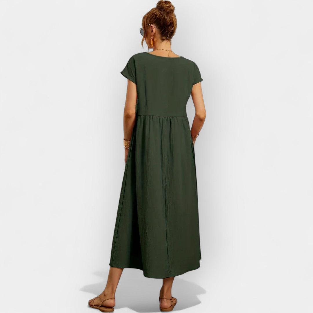 Vestido casual midi para mujer, cómodo y de verano, con bolsillos y manga corta para el día a día.