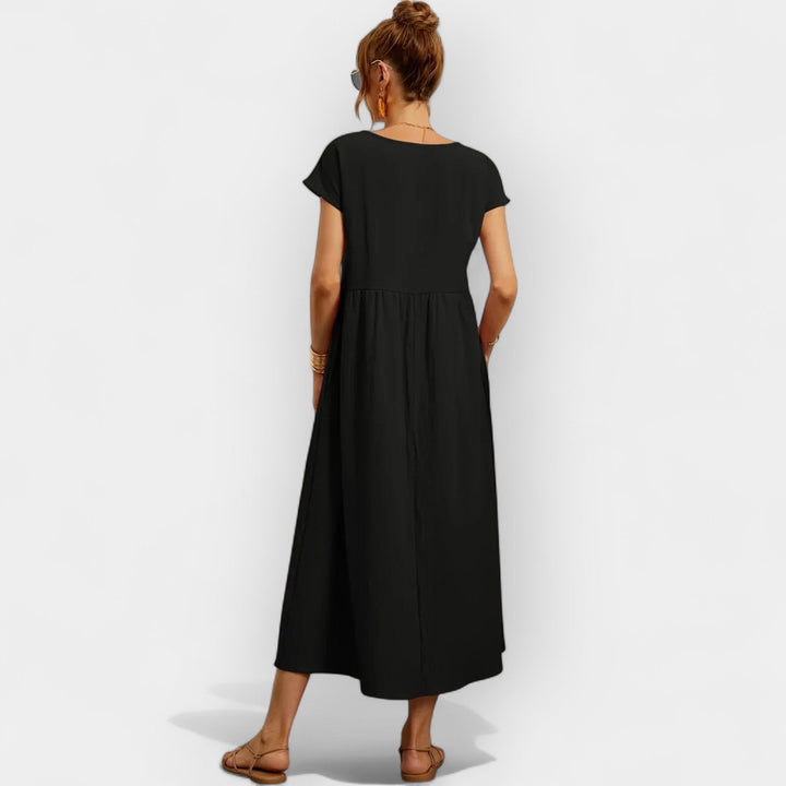 Vestido de mujer midi, corte casual, manga corta y bolsillos, tejido de algodón transpirable.