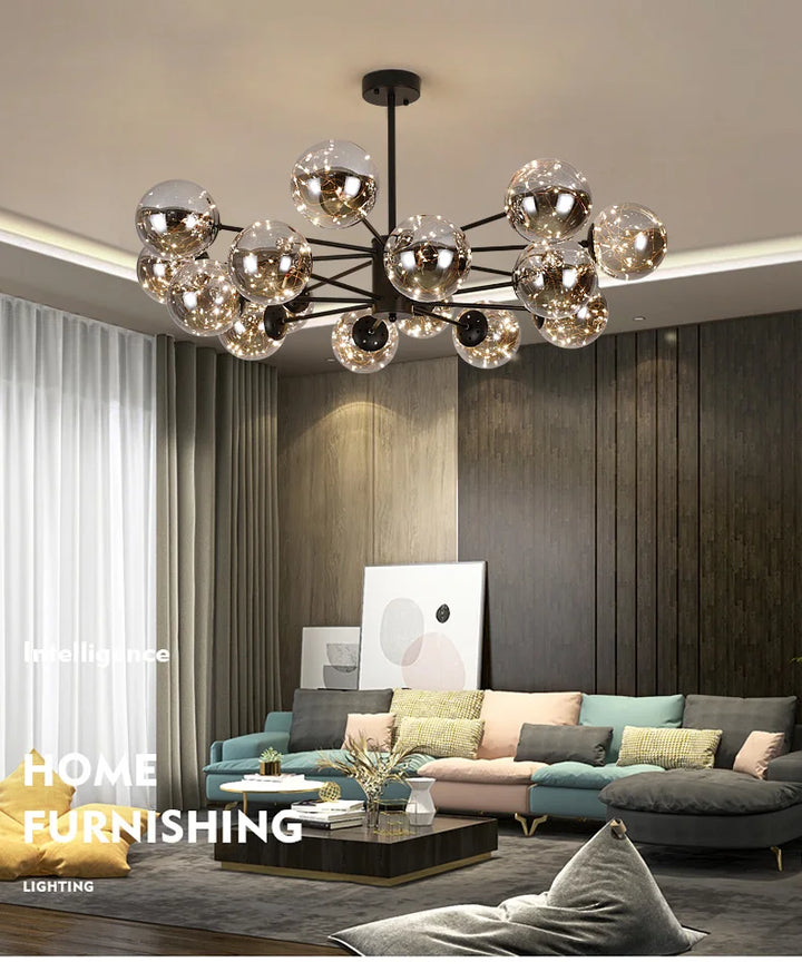 Araña de techo negra, diseño contemporáneo con múltiples globos. Ideal para luz ambiente en el hogar.