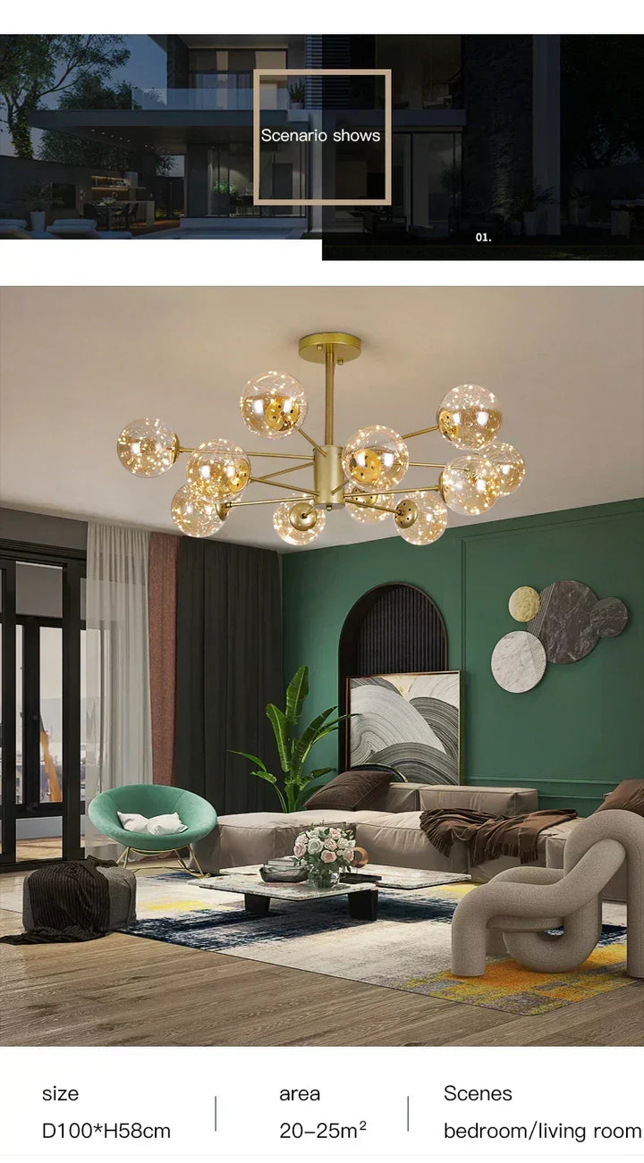 Lámpara colgante de globos, estructura negra. Iluminación contemporánea, ideal para salón-comedor.