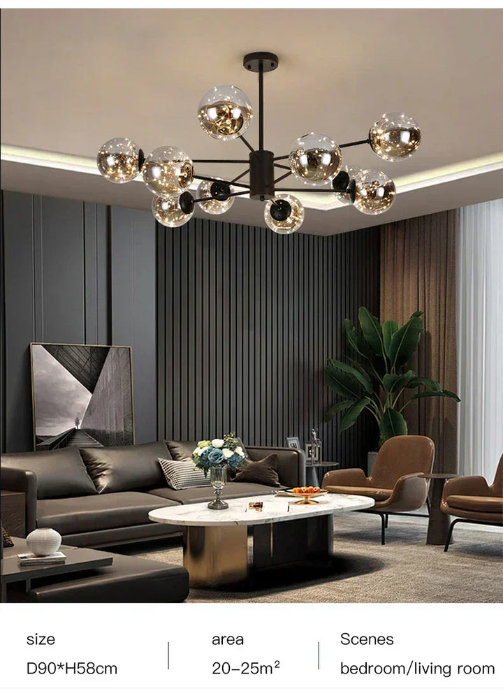 Lámpara colgante dorada, estilo moderno con globos de cristal. Perfecta para salón y comedor.