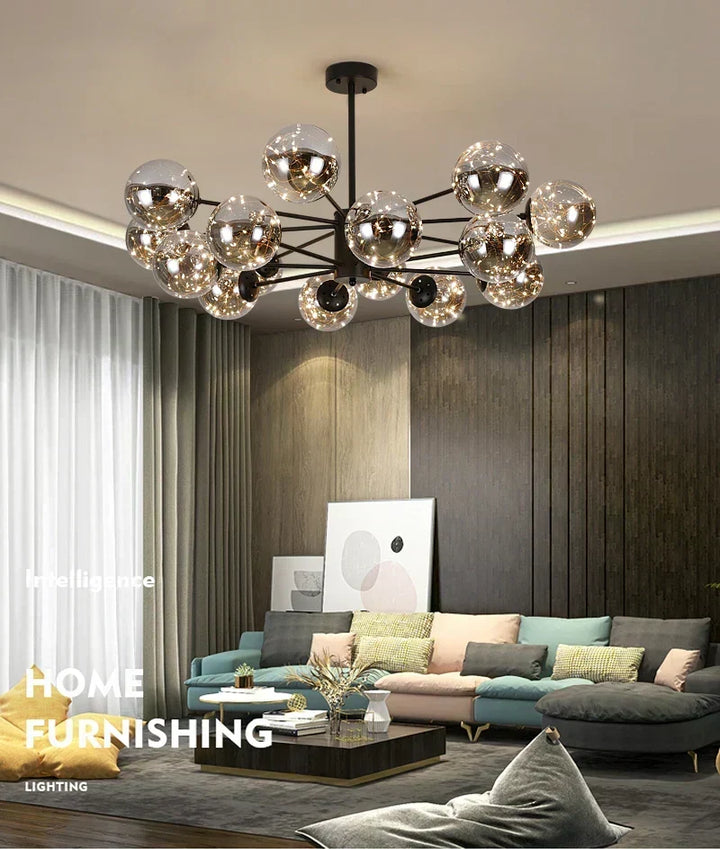 Araña de techo moderna con diseño de globos. Iluminación elegante para decoración de hogar contemporáneo.