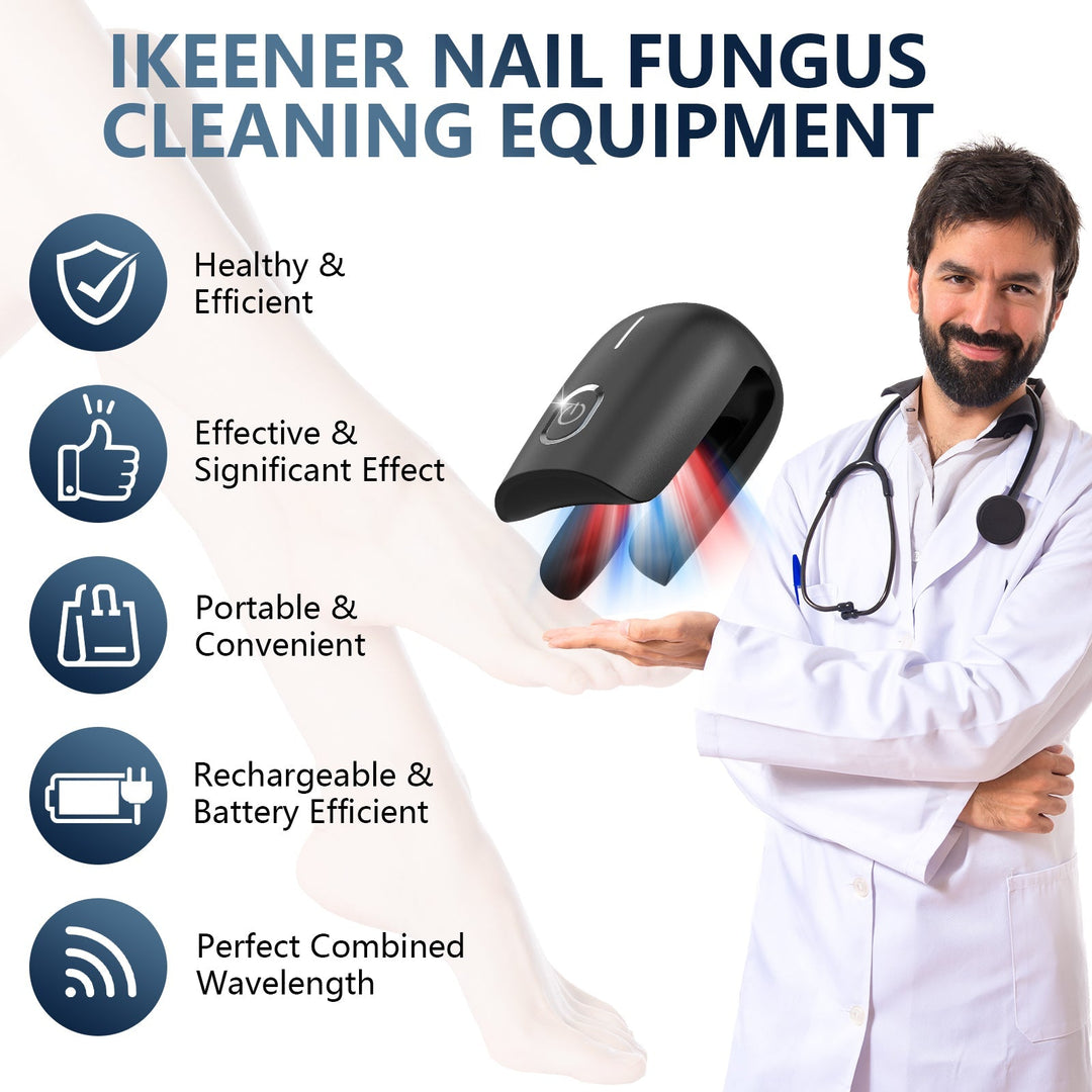 Mano sosteniendo el dispositivo láser ergonómico para terapia de hongos en uñas. Portátil y ligero.