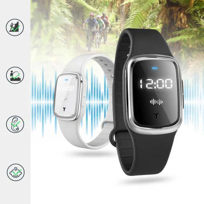 Tecnología ultrasónica en pulsera repelente, protección continua y sin químicos contra mosquitos en el aire libre.