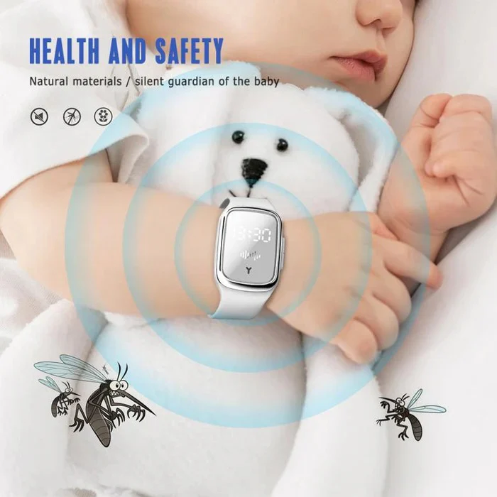 Pulsera de protección antimosquitos sin químicos, segura y recargable para toda la familia.