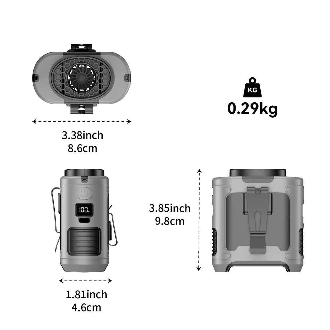 Ventilador de cintura manos libres con luz LED y batería externa 10000mAh para actividades al aire libre.