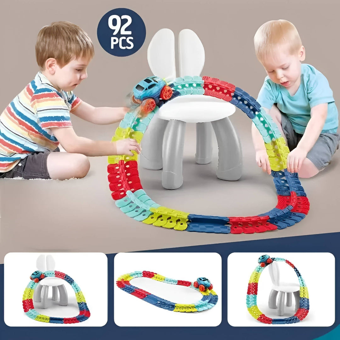 Pista de carreras para niños que se ilumina en la oscuridad, creando una experiencia mágica. Juego creativo.