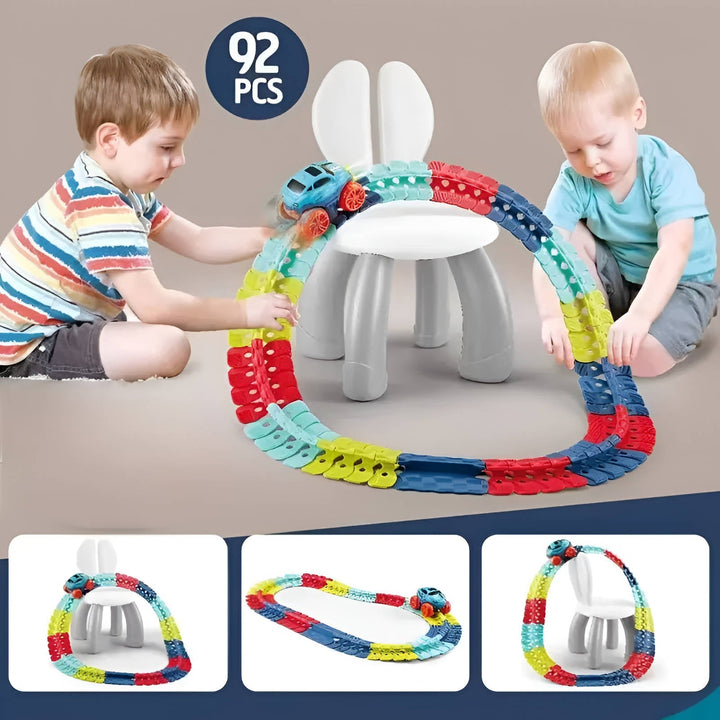 Pista de carreras para niños que se ilumina en la oscuridad, creando una experiencia mágica. Juego creativo.
