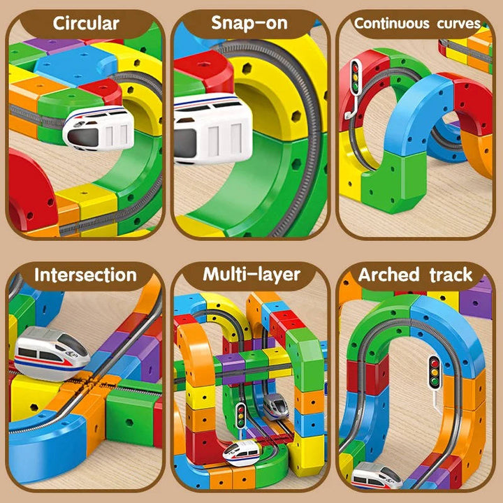 Tren magnético y pistas interactivas para niños, juguete de construcción que estimula juego creativo.