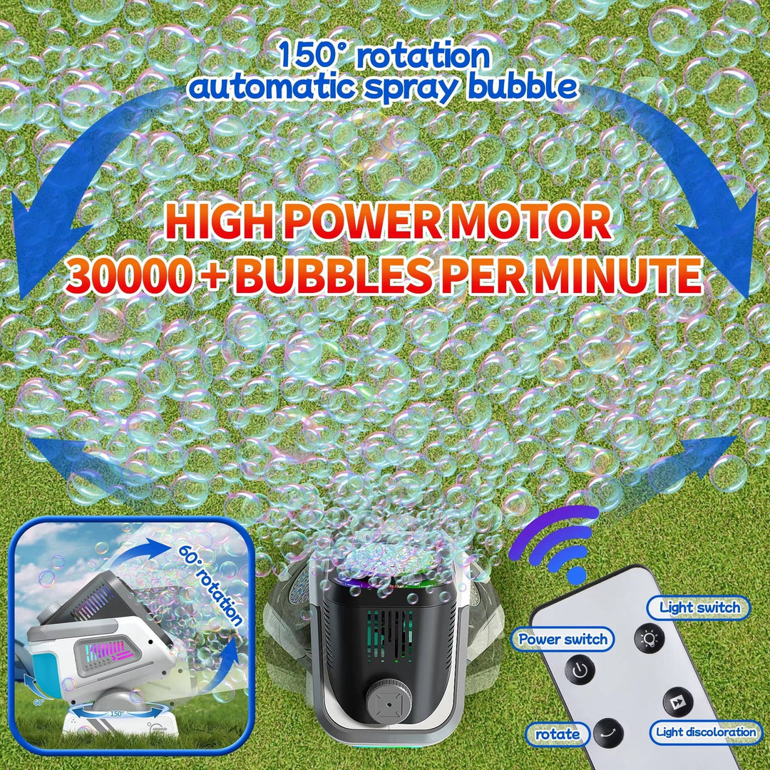 Máquina de burbujas con rotación automática y luces RGB, crea un ambiente festivo perfecto para cumpleaños.