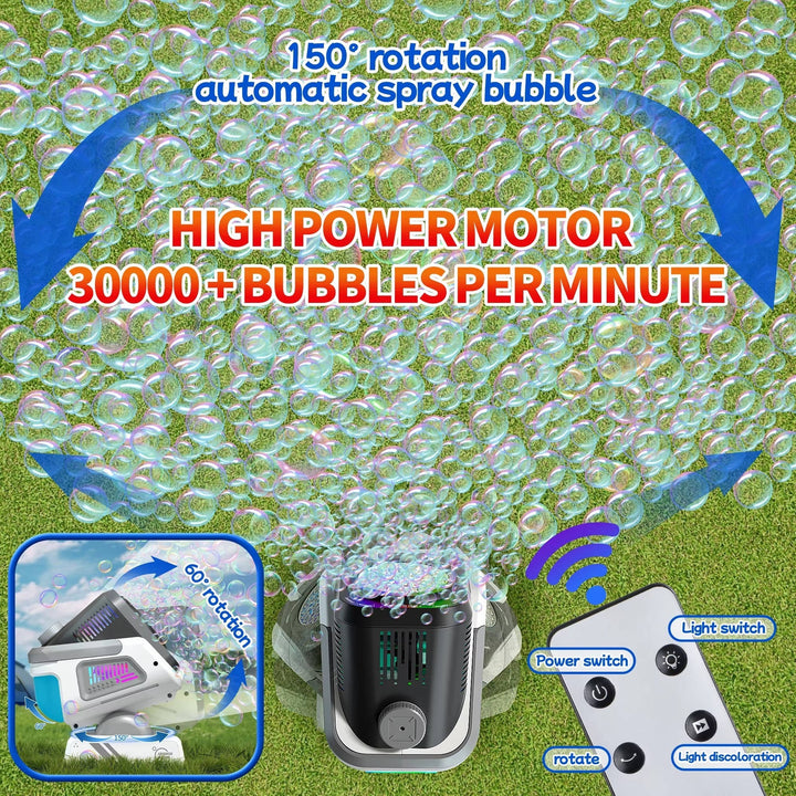 Máquina de burbujas con rotación automática y luces RGB, crea un ambiente festivo perfecto para cumpleaños.
