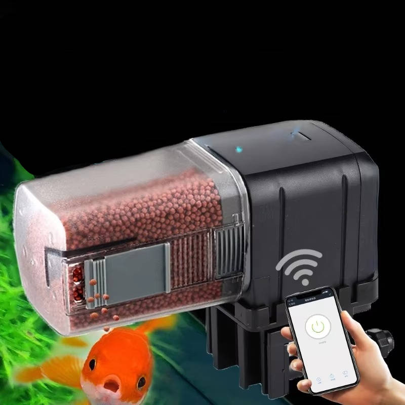 Dispensador automático inteligente de comida para peces, control WiFi, ideal para acuarios y mascotas acuáticas.